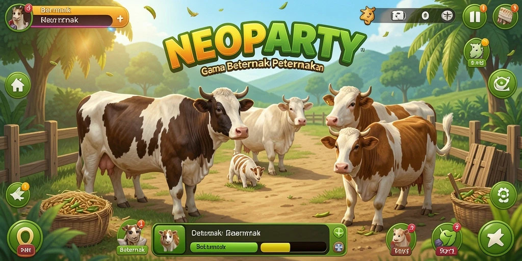 Antarmuka permainan NEOPARTY menampilkan kebun dan hewan yang menggemaskan.